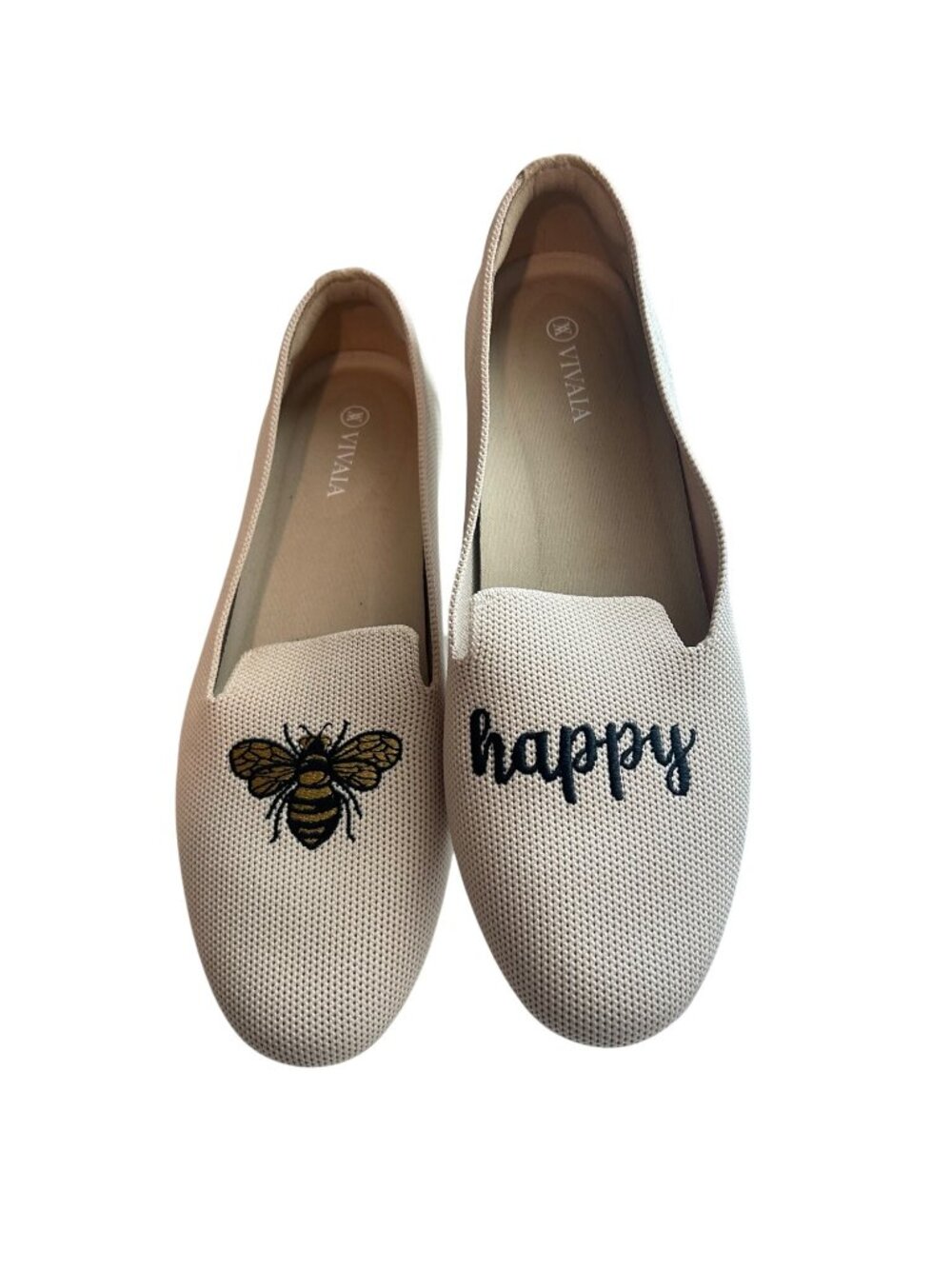 Vivaia Cream Embroidered Bee & Happy Text Loafers Size 39.5 Womens 8.5